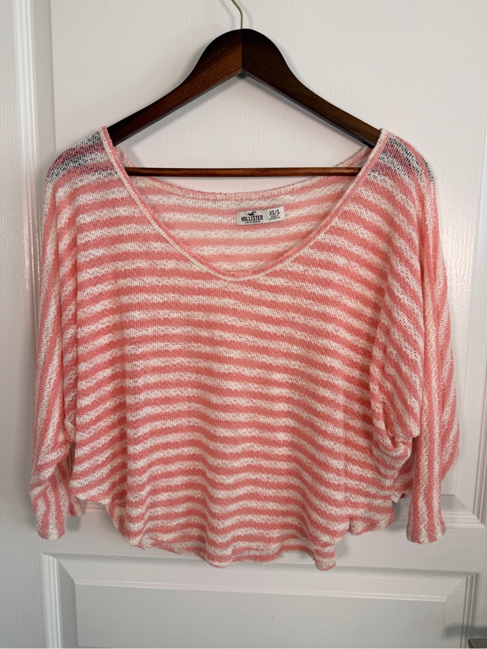 Hollister Coral and White Striped Scoop-Neck Sweater